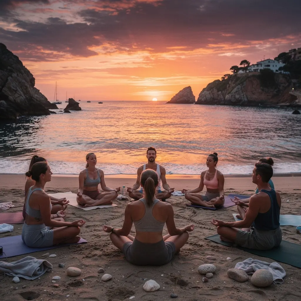 Una persona realizando pranayama, enfocada en su respiración mientras está en un estudio de yoga iluminado suavemente.