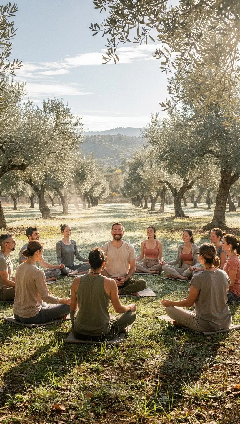 Vista panorámica de un estudio de yoga iluminado suavemente, con esterillas dispuestas en círculo y plantas alrededor.