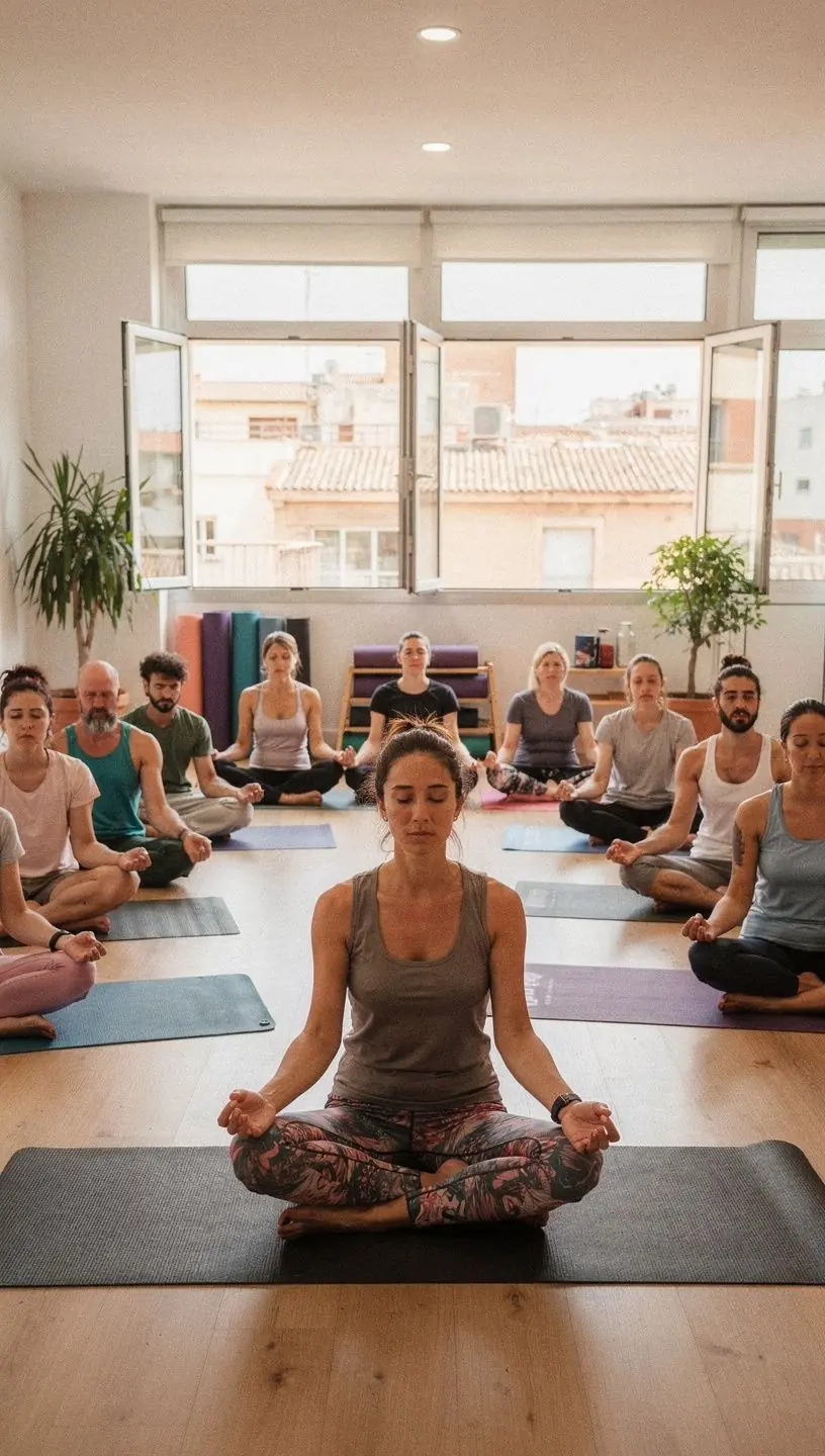 Vista panorámica de un estudio de yoga iluminado suavemente, con esterillas dispuestas en círculo y plantas alrededor.