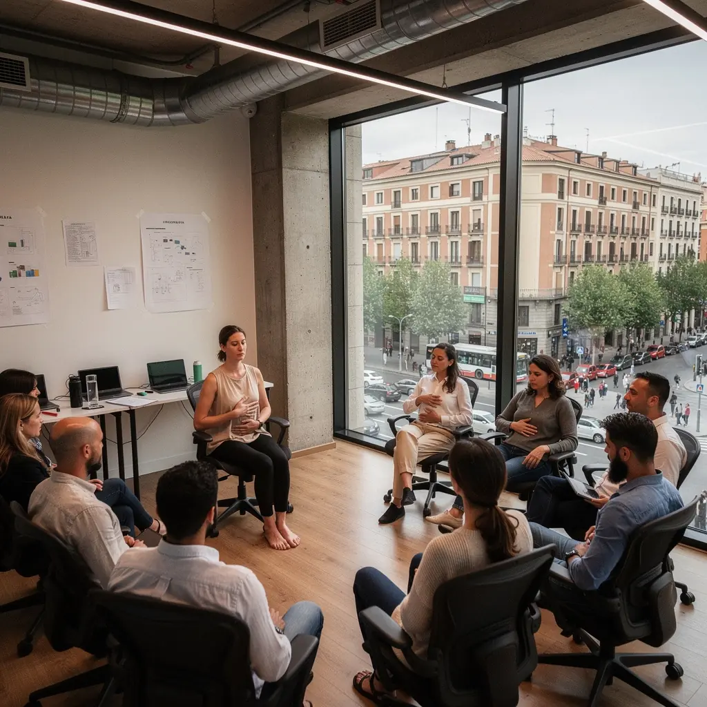 Vista panorámica de un estudio de yoga iluminado suavemente, con esterillas dispuestas en círculo y plantas alrededor.