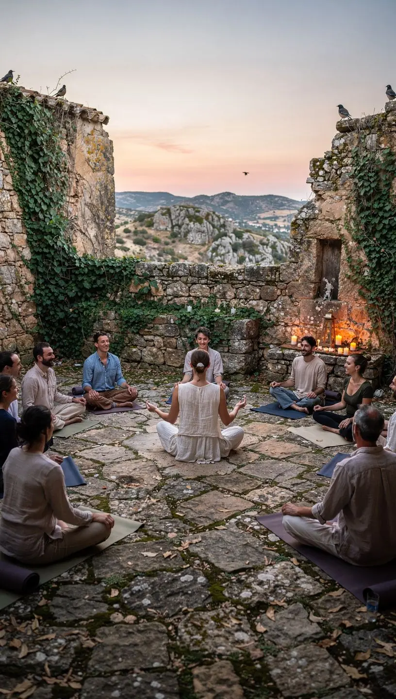 Vista panorámica de un estudio de yoga iluminado suavemente, con esterillas dispuestas en círculo y plantas alrededor.