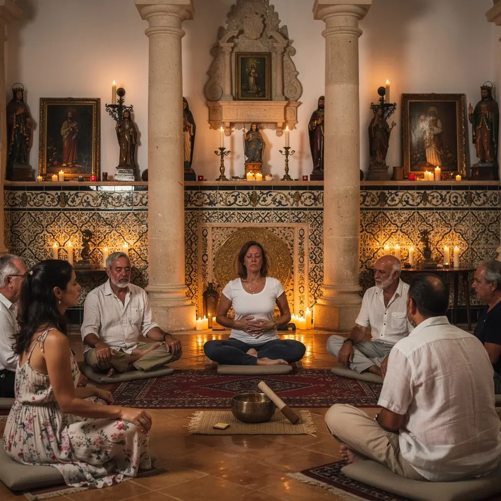 Vista panorámica de un estudio de yoga iluminado suavemente, con esterillas dispuestas en círculo y plantas alrededor.