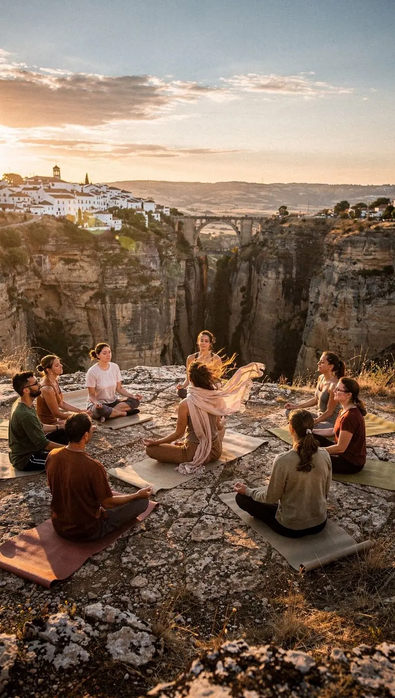 Vista panorámica de un estudio de yoga iluminado suavemente, con esterillas dispuestas en círculo y plantas alrededor.