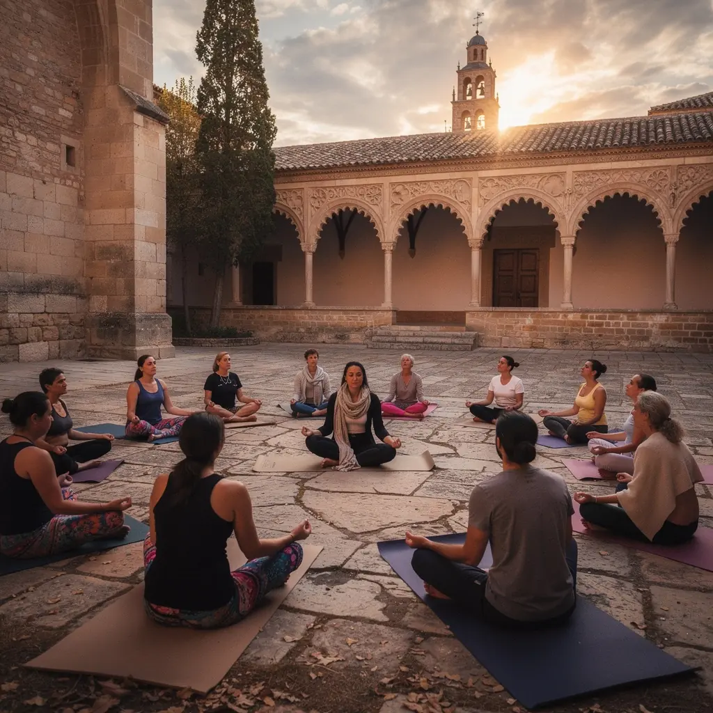 Vista panorámica de un estudio de yoga iluminado suavemente, con esterillas dispuestas en círculo y plantas alrededor.