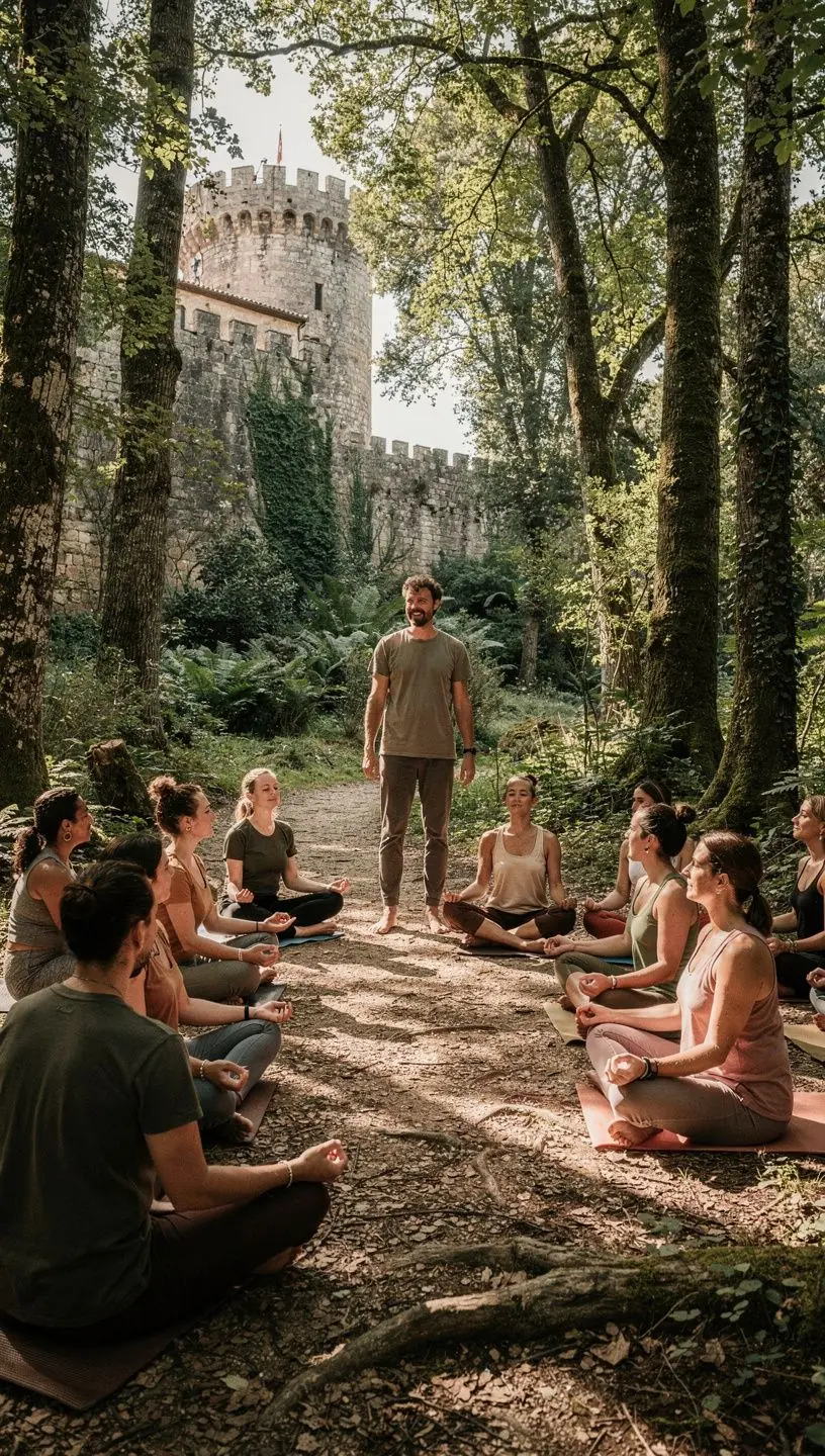 Practicante de yoga sentado en posición de meditación, con una expresión serena, mientras realiza ejercicios de pranayama.